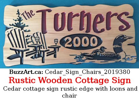 Cedar cottage sign rustic edge with loons and chair